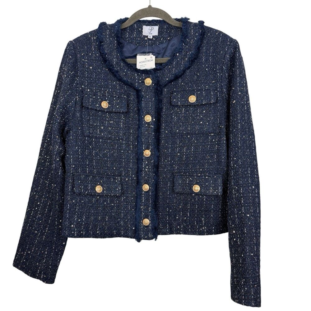 PLM Blazer Suit Jacket Womens Sz XL Navy Blue Textured Gold Buttons Sequins